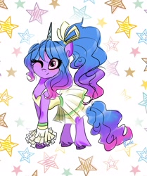 Size: 1714x2048 | Tagged: safe, artist:petaltwinkle, izzy moonbow, pony, unicorn, g5, alternate hairstyle, bow, cheerleader, clothes, cute, doodle, female, hair bow, horn, izzybetes, looking at you, mare, one eye closed, pom pom, simple background, skirt, solo, starry background, unshorn fetlocks, white background, wink, winking at you