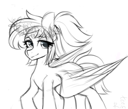 Size: 2000x1700 | Tagged: safe, artist:rinteen, oc, oc only, pegasus, pony, black and white, floral head wreath, flower, grayscale, monochrome, sketch, solo