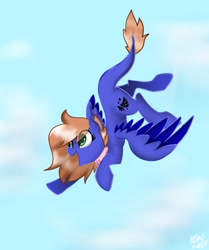 Size: 1714x2048 | Tagged: safe, artist:petaltwinkle, oc, oc only, pegasus, pony, choker, cloud, eye clipping through hair, leonine tail, open mouth, sky, solo, spread wings, tail, wings