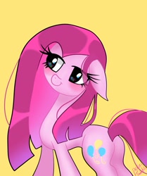 Size: 1714x2048 | Tagged: safe, artist:petaltwinkle, pinkie pie, earth pony, pony, g4, alternate cutie mark, cute, cuteamena, diapinkes, eye clipping through hair, female, mare, pinkamena diane pie, simple background, solo, yellow background