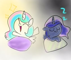 Size: 2048x1714 | Tagged: safe, artist:petaltwinkle, princess celestia, princess luna, alicorn, pony, g4, ^^, cewestia, duo, duo female, eyes closed, female, filly, horn, onomatopoeia, open mouth, royal sisters, siblings, sisters, sleeping, sound effects, sparkles, wings, woona, younger, zzz