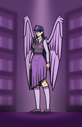 Size: 4000x6158 | Tagged: safe, artist:deroach, twilight sparkle, alicorn, human, equestria project humanized, g4, abstract background, clothes, cutie mark on clothes, fanfic, humanized, twilight sparkle (alicorn), winged humanization, wings