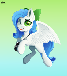 Size: 3500x4000 | Tagged: safe, artist:rainbowfire, oc, oc only, pegasus, pony, bow, camera, chest fluff, cute, ear fluff, female, fluffy, gradient background, green eyes, grin, hair bow, looking at you, one eye closed, open mouth, slender, smiling, solo, spread wings, thin, white, wings, wink