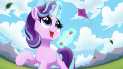 Size: 2560x1440 | Tagged: safe, artist:whitequartztheartist, starlight glimmer, pony, unicorn, g4, cloud, cute, female, glimmerbetes, glowing, glowing horn, grass, grass field, happy, horn, kite, kite flying, leaves, magic, mare, mountain, open mouth, open smile, sky, smiling, solo, that pony sure does love kites