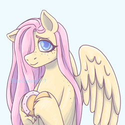 Size: 2048x2048 | Tagged: safe, artist:bluecocoaart, fluttershy, pegasus, pony, g4, bust, colored pupils, eye contact, freckles, hair over one eye, high res, horseshoes, long hair, long mane, looking at each other, looking at someone, one ear down, one eye covered, portrait, shy, simple background, sketch, smiling, solo, white background, wings