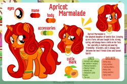 Size: 1200x798 | Tagged: safe, artist:jennieoo, oc, oc:apricot marmalade, pony, unicorn, happy, piercing, reference sheet, shocked, show accurate, simple background, smiling, solo, tongue out