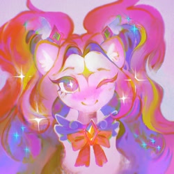 Size: 2048x2048 | Tagged: safe, artist:dearmary, oc, oc only, earth pony, pony, bowtie, cape, clothes, colorful, gem, high res, multicolored hair, one eye closed, pigtails, simple background, smiling, solo, sparkles, twintails, wink