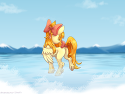 Size: 4000x3000 | Tagged: safe, artist:silverfir, artist:stesha, oc, oc only, oc:deliambre, pegasus, pony, beautiful, bow, butt, collaboration, commission, eyes closed, female, hair bow, looking back, mare, mountain, partially submerged, pegasus oc, plot, smiling, solo, standing in water, tail, tail bow, water, wings, ych result