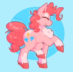 Size: 2048x2008 | Tagged: safe, artist:swirlseypop, pinkie pie, earth pony, pony, g4, blue background, chest fluff, circle background, ear fluff, eyes closed, female, high res, mare, profile, raised hoof, raised leg, simple background, solo, unshorn fetlocks