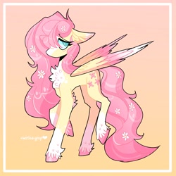 Size: 2048x2048 | Tagged: safe, artist:swirlseypop, fluttershy, pegasus, pony, g4, blaze (coat marking), chest fluff, coat markings, colored eartips, colored hooves, colored wings, elbow fluff, facial markings, female, floppy ears, flower, flower in hair, flower in tail, gradient background, hair over one eye, high res, looking at you, mare, no pupils, partially open wings, pink background, raised hoof, raised leg, socks (coat markings), solo, tail, unshorn fetlocks, wings