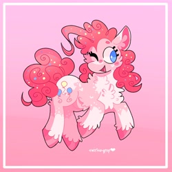 Size: 2048x2048 | Tagged: safe, artist:swirlseypop, pinkie pie, earth pony, pony, g4, chest fluff, ear fluff, female, high res, mare, one eye closed, open mouth, pink background, simple background, solo, wink