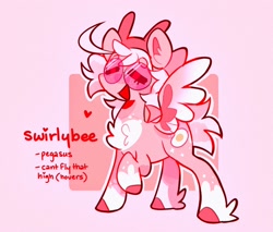 Size: 2048x1746 | Tagged: safe, artist:swirlseypop, oc, oc only, oc:swirlybee, pegasus, pony, chest fluff, eyes closed, glasses, heart, open mouth, pegasus oc, pink background, raised hoof, simple background, solo, spread wings, wings