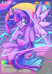 Size: 2480x3508 | Tagged: safe, artist:wavecipher, twilight sparkle, alicorn, pony, g4, 2021, distortion, female, heart, heart eyes, high res, horn, mare, old art, open mouth, retrowave, solo, spread wings, synthwave, triangle, twilight sparkle (alicorn), vaporwave, wingding eyes, wings