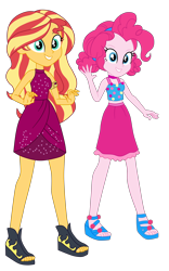 Size: 2500x3995 | Tagged: safe, artist:gmaplay, pinkie pie, sunset shimmer, human, equestria girls, equestria girls specials, g4, i'm on a yacht, my little pony equestria girls: better together, my little pony equestria girls: spring breakdown, alternate hairstyle, bare shoulders, duo, duo female, eyebrows, feet, female, grin, high res, open-toed shoes, sandals, simple background, sleeveless, smiling, toes, transparent background, waving