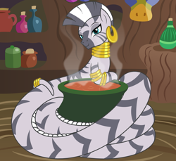 Size: 2176x1997 | Tagged: safe, artist:badumsquish, derpibooru exclusive, zecora, lamia, original species, zebra, bottle, bubbling, cauldron, coils, ear piercing, earring, female, jewelry, lamiafied, lidded eyes, looking at you, mare, mask, neck rings, piercing, show accurate, smiling, species swap, steam, zecora's hut