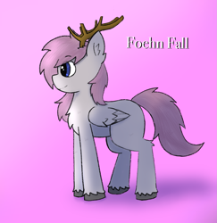 Size: 2117x2177 | Tagged: safe, artist:nagithebat, oc, oc only, oc:foehn fall, deer, hybrid, pegasus, pony, reindeer, antlers, blue eyes, eye clipping through hair, eyebrows, eyebrows visible through hair, folded wings, gradient background, high res, male, shadow, smiling, solo, stallion, wings