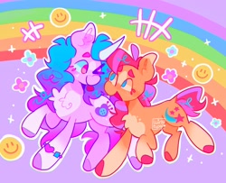 Size: 2048x1660 | Tagged: safe, artist:swirlseypop, izzy moonbow, sunny starscout, earth pony, pony, unicorn, g5, bracelet, chest fluff, duo, duo female, female, flower, horn, jewelry, lesbian, looking at each other, looking at someone, mare, no pupils, one eye closed, open mouth, rainbow, ship:moonscout, shipping, smiley face, sparkles, tongue out, wink