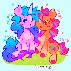 Size: 1024x1024 | Tagged: safe, artist:swirlseypop, izzy moonbow, sunny starscout, earth pony, pony, unicorn, g5, blue background, boop, chest fluff, duo, duo female, female, grass, horn, kissing, mare, noseboop, simple background, sitting