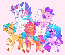 Size: 2048x1740 | Tagged: safe, artist:swirlseypop, hitch trailblazer, izzy moonbow, pipp petals, sunny starscout, zipp storm, earth pony, pegasus, pony, unicorn, g5, bag, bracelet, chest fluff, female, flying, grin, horn, jewelry, looking at you, male, mane five, mare, no pupils, one eye closed, open mouth, open smile, outline, pink background, raised hoof, saddle bag, simple background, smiling, smiling at you, spread wings, stallion, wings, wink