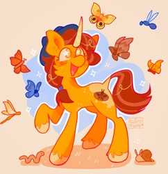 Size: 1982x2048 | Tagged: safe, artist:swirlseypop, oc, oc only, butterfly, pony, snail, unicorn, worm, grass, hat, horn, open mouth, open smile, raised hoof, shadow, simple background, smiling, solo, sparkles, starry eyes, stars, tan background, wingding eyes