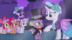 Size: 1280x720 | Tagged: safe, artist:mlplary6, apple bloom, rarity, scootaloo, spike, sweetie belle, twilight sparkle, dragon, earth pony, pegasus, pony, unicorn, a canterlot wedding, g4, blushing, bridesmaid, clothes, cutie mark crusaders, dress, female, filly, flower filly, flower girl, flower girl dress, foal, hat, looking at each other, looking at someone, male, mare, ship:sparity, shipper on deck, shipping, smiling, smiling at each other, straight, suit, top hat, tuxedo, unicorn twilight