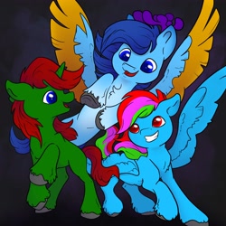 Size: 3500x3500 | Tagged: safe, artist:safizejaart, oc, oc only, oc:bluelight, oc:lucas fairy, oc:void virgin sparkles, pegasus, pony, unicorn, antlers, colt, foal, happy, high res, male