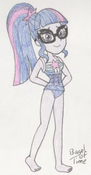 Size: 728x1400 | Tagged: safe, artist:bageloftime, sci-twi, twilight sparkle, human, equestria girls, equestria girls specials, g4, my little pony equestria girls: better together, my little pony equestria girls: forgotten friendship, barefoot, clothes, feet, female, one-piece swimsuit, sci-twi swimsuit, solo, swimsuit, traditional art