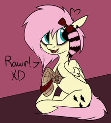 Size: 1800x1992 | Tagged: safe, artist:luxsimx, fluttershy, pegasus, pony, g4, alternate cutie mark, alternate hairstyle, bow, bracelet, coontails, ear piercing, earring, emo, fangs, hair bow, jewelry, lip piercing, open mouth, piercing, raised tail, rawr, scene, sitting, solo, tail, xd