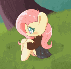 Size: 1367x1321 | Tagged: safe, artist:typhwosion, fluttershy, pegasus, semi-anthro, g4, animated, arm hooves, aside glance, blinking, blushing, clothes, cute, daaaaaaaaaaaw, female, gif, grass, looking at you, no pupils, outdoors, panties, panty shot, pink underwear, profile, shyabetes, sitting, skirt, solo, underwear, wingless