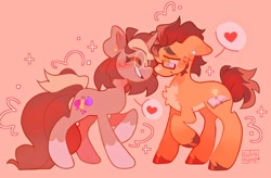 Size: 2048x1340 | Tagged: safe, artist:swirlseypop, oc, oc only, earth pony, pony, unicorn, chest fluff, commission, duo, earth pony oc, eyes closed, glasses, heart, horn, looking at someone, no pupils, profile, raised hoof, simple background, smiling, unicorn oc