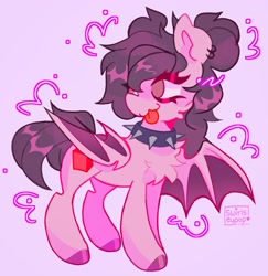 Size: 1990x2048 | Tagged: safe, artist:swirlseypop, oc, oc only, bat pony, pony, bat pony oc, bat wings, chest fluff, choker, commission, female, mare, no pupils, pink background, simple background, solo, spiked choker, tongue out, wings