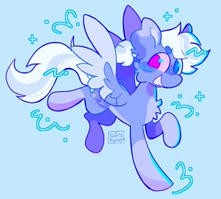 Size: 2048x1844 | Tagged: safe, artist:swirlseypop, oc, oc only, pegasus, pony, blue background, chest fluff, heterochromia, looking at you, no pupils, pegasus oc, simple background, smiling, smiling at you, solo, spread wings, wings
