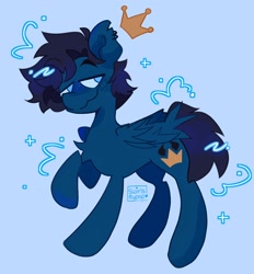 Size: 1902x2048 | Tagged: safe, artist:swirlseypop, oc, oc only, pegasus, pony, blue background, commission, ear piercing, earring, folded wings, jewelry, no pupils, pegasus oc, piercing, raised hoof, simple background, solo, wings