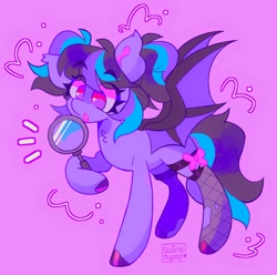 Size: 2048x2034 | Tagged: safe, artist:swirlseypop, oc, oc only, bat pony, pony, bat pony oc, bat wings, clothes, commission, emanata, eye clipping through hair, female, fishnet stockings, high res, hoof hold, magnifying glass, mare, no pupils, pink background, raised hoof, simple background, solo, stockings, thigh highs, wings