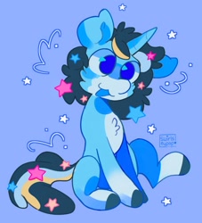 Size: 1856x2048 | Tagged: safe, artist:swirlseypop, oc, oc only, pony, unicorn, blue background, commission, horn, no pupils, raised leg, simple background, sitting, solo, stars, tongue out, unicorn oc