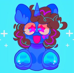 Size: 2048x2014 | Tagged: safe, artist:swirlseypop, oc, oc only, pony, unicorn, blue background, commission, high res, horn, looking at you, open mouth, open smile, simple background, smiling, smiling at you, solo, starry eyes, underhoof, unicorn oc, wingding eyes, ych result