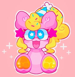 Size: 1984x2048 | Tagged: safe, artist:swirlseypop, oc, oc only, earth pony, pony, commission, earth pony oc, hat, looking at you, open mouth, open smile, party hat, pink background, simple background, smiling, smiling at you, solo, starry eyes, stars, underhoof, wingding eyes, ych result