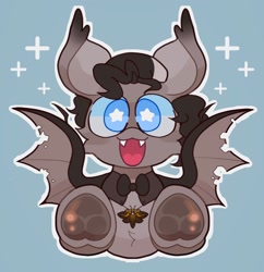 Size: 1982x2048 | Tagged: safe, artist:swirlseypop, oc, oc only, bat pony, pony, bat pony oc, bat wings, bowtie, commission, looking at you, open mouth, open smile, simple background, smiling, smiling at you, solo, spread wings, starry eyes, underhoof, wingding eyes, wings, ych result