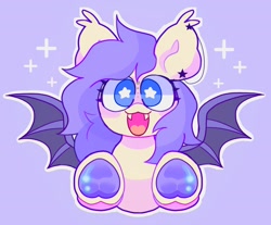 Size: 2048x1692 | Tagged: safe, artist:swirlseypop, oc, oc only, bat pony, pony, bat pony oc, bat wings, commission, looking at you, open mouth, open smile, purple background, simple background, smiling, smiling at you, solo, spread wings, starry eyes, underhoof, wingding eyes, wings, ych result