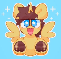 Size: 2048x1976 | Tagged: safe, artist:swirlseypop, oc, oc only, alicorn, pony, alicorn oc, blue background, commission, facial hair, horn, looking at you, open mouth, open smile, simple background, smiling, smiling at you, solo, spread wings, starry eyes, underhoof, wingding eyes, wings, ych result