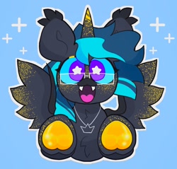 Size: 2048x1954 | Tagged: safe, artist:swirlseypop, oc, oc only, alicorn, pony, alicorn oc, blue background, commission, horn, looking at you, open mouth, open smile, simple background, smiling, smiling at you, solo, spread wings, starry eyes, underhoof, wingding eyes, wings, ych result