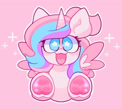 Size: 2048x1818 | Tagged: safe, artist:swirlseypop, oc, oc only, alicorn, pony, alicorn oc, commission, horn, looking at you, open mouth, open smile, pink background, simple background, smiling, smiling at you, solo, spread wings, starry eyes, underhoof, wingding eyes, wings, ych result