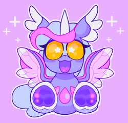 Size: 2048x1964 | Tagged: safe, artist:swirlseypop, oc, oc only, changeling, pony, changeling oc, commission, horn, looking at you, open mouth, open smile, purple background, simple background, smiling, smiling at you, solo, spread wings, starry eyes, underhoof, wingding eyes, wings, ych result