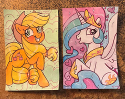 Size: 600x476 | Tagged: safe, artist:marybellamy, applejack, princess celestia, g4, commission, san diego comic con, smiling, traditional art, watercolor painting