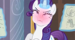 Size: 1995x1062 | Tagged: safe, screencap, rarity, pony, unicorn, g4, sweet and elite, blushing, glowing, glowing horn, holding breath, horn, lidded eyes, magic, paper, puffy cheeks, solo, telekinesis