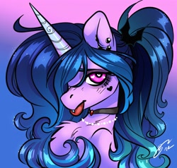 Size: 4096x3904 | Tagged: safe, artist:opalacorn, izzy moonbow, pony, unicorn, g5, bust, chest fluff, choker, ear piercing, goth, goth izzy, piercing, solo, tongue out, tongue piercing