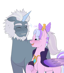 Size: 1814x2048 | Tagged: safe, artist:aztrial, alphabittle blossomforth, queen haven, pegasus, pony, unicorn, g5, beard, crown, duo, duo male and female, facial hair, female, jewelry, male, mare, regalia, ship:alphahaven, shipping, simple background, stallion, straight, white background