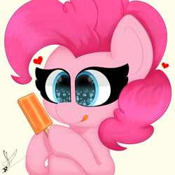 Size: 2000x2000 | Tagged: safe, artist:daftramms, pinkie pie, earth pony, pony, g4, cute, diapinkes, female, food, heart, high res, mare, popsicle, simple background, solo, tongue out
