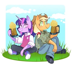 Size: 1500x1356 | Tagged: safe, artist:stevetwisp, applejack, twilight sparkle, earth pony, unicorn, anthro, plantigrade anthro, g4, cheers, cider, cider mug, clothes, cloud, converse, denim, duo, female, freckles, grass, hat, jeans, looking at you, mug, pants, shoes, smiling, sneakers, unicorn twilight, white pupils