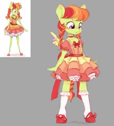 Size: 954x1055 | Tagged: safe, artist:melodylibris, oc, oc only, pegasus, anthro, unguligrade anthro, blushing, bow, braid, clothes, dress, ear blush, female, filly, foal, frilly dress, frilly socks, gray background, lolita fashion, looking at self, looking down, mary janes, redraw, shoes, simple background, socks, solo, spread wings, standing, wings